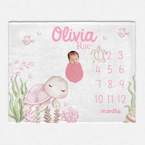 Turtle Milestone Blanket, Turtle Baby Blanket, Baby Girl Sea Life, Personalized Baby Blanket, Ocean Life Nursery, Marine Life Nursery O52