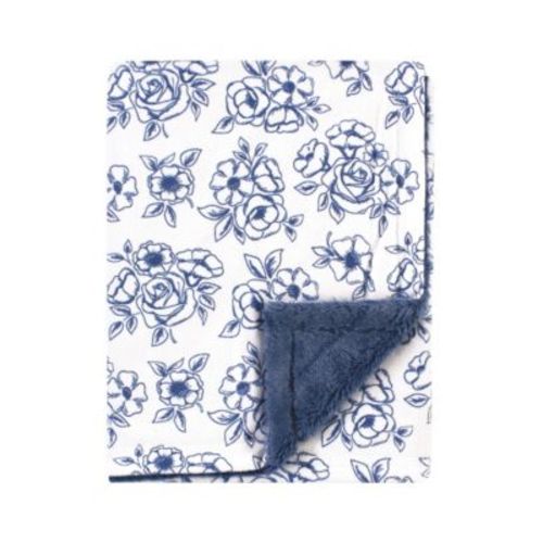 Infant Girl Plush Blanket with Furry Binding and Back, Blue Toile, One Size