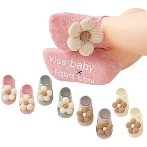 4 Pairs Toddler Baby Girls Socks Floral Anti Slip Grips for Newborn Babies Girls Infant Kids Low Cut Ankle Socks