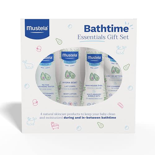 Mustela Baby Bath Time Essentials Gift Set - Natural & Plant-Based Baby Skin Care - 4 Items Set
