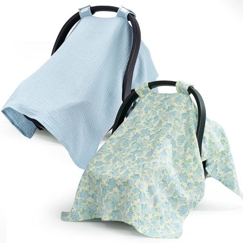 SERAPHY 100% Muslin Cotton Car Seat Cover Baby, 2 Pack Universal Carseat Covers Baby Boy Girl, Breathable Car Seat Canopy, Soft Infant Car Seat Cover for Summer and Winter—2 Pcs Blue&Flowers