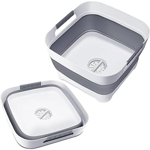 2024 Upgraded 2.4 Gal (9L) Collapsible Dish Basin with Drain Plug, Space Saving Multiuse Foldable Sink Tub, Dishpan, Beverage Tubs for Camping, Vegetable Washing, RV (Gray)