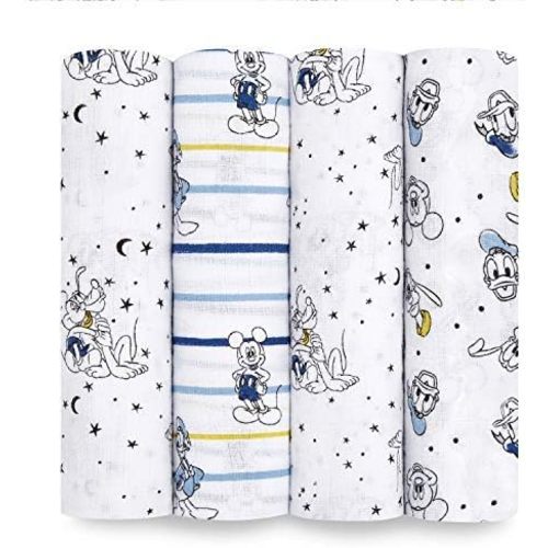aden + anais Disney, Swaddle Blanket, Boutique Muslin Blankets for Baby Girls and Boys, Newborn Receiving Blanket for Swaddling, 100% Cotton Baby Swaddle Wrap, 4 Pack, Mickey Stargazer