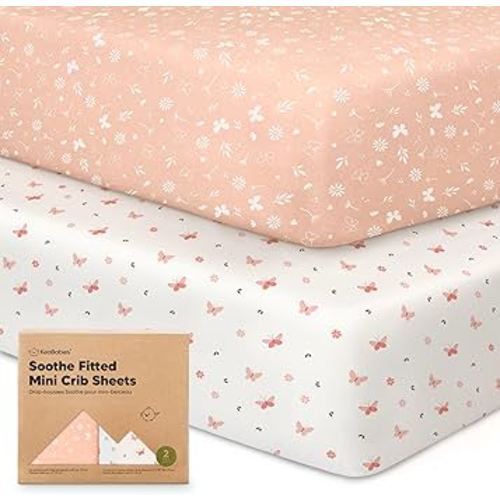 2-Pack Mini Crib Sheets Fitted - 38x26 Pack N Play Sheets for Pack and Play Mattress, Organic Cotton, Soft & Breathable Playard Bedding, Neutral Mini Toddler Bed Cover for Boys, Girls (Butterflies)