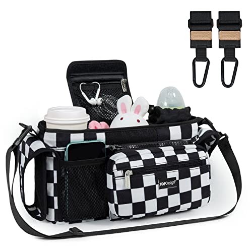 TOPDesign Universal Baby Stroller Organizer, Stroller Caddy with Heightened Insulated Cup Holders & Non-Slip Secure Hooks Accessories, Fits Most Strollers, Machine Washable (Checkerboard)
