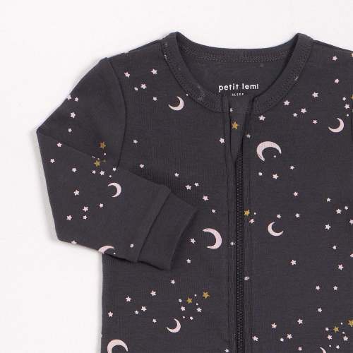 Sparkly Sky with Pink Moons Print on Charcoal Footed Sleeper