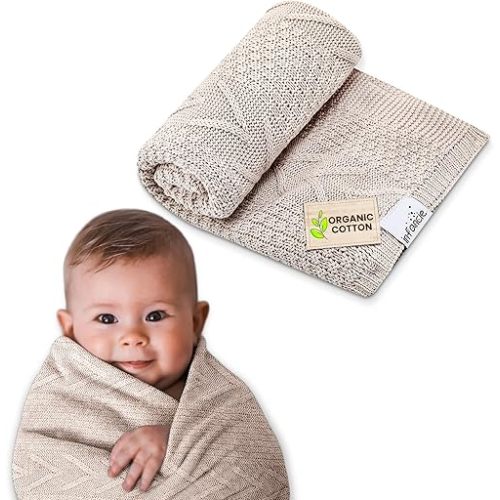 Organic Cotton Baby Blanket - 31.5 x 43.3 Inches, Soft Knitted Crib Blanket for Boys & Girls, Breathable Design (Beige)