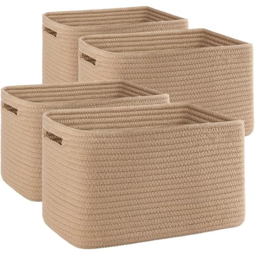 4 Pack Storage Baskets for Organizing, Cube Storage Bins for Shelves, Rectangle Storage Baskets With Handles, Woven Baskets for Storage, 12.7''Lx9''Wx7.8''H, Yellow