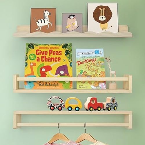 Floating Book Shelves for Wall, 23.6" Natural Wood Nursery Shelves for Book Storage, Solid Pine Wooden Floating Bookshelf for Bedroom Living Room, Set of 2+1, Unfurnished - DIY