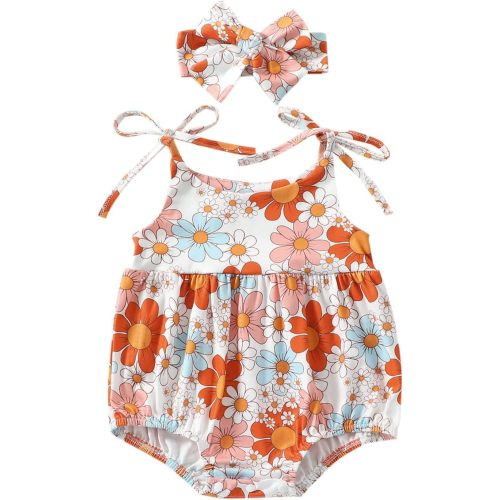 WZTYYDS Toddler Baby Girl Summer Clothes Floral Romper Tie-Up Strap Halter Jumpsuit Infant Summer Sling Playsuit 6M-3T - H-flower - 0-3 Months