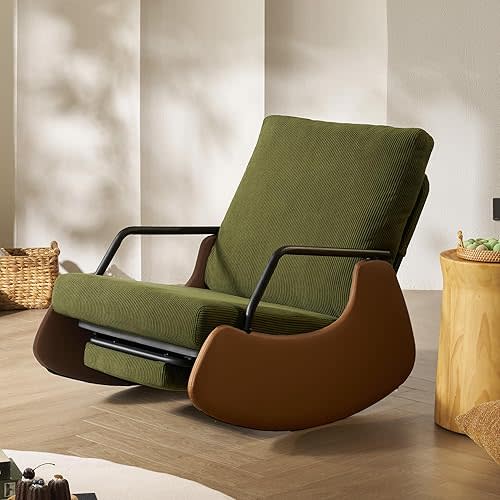 WoodWise Nursery Rocking Chair with Adjustable Backrest & Footrest, Soft Fabric Upholstered Small Glider Rocker, Modern Living Room Armchair, Bedroom Chair, Brown Faux Leather, Green Corduroy