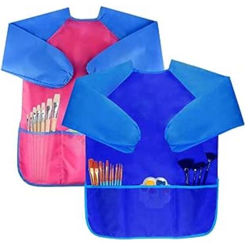 Bassion 2 Pack Kids Art Smocks Toddler Smock Waterproof Artist Painting Aprons Long Sleeve with 3 Pockets for Age 2-6 Years(pink blue)