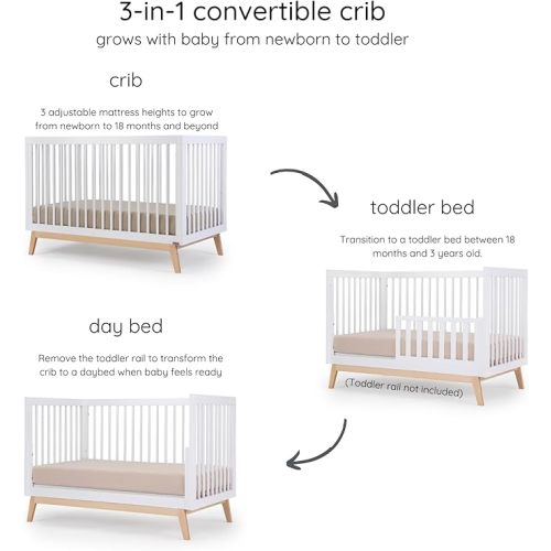 dadada Baby Soho 3-in-1 Convertible Wooden Crib to Toddler Bed - Made in Italy, GREENGUARD Gold Certified, Baby-Safe Finish, Handcrafted Beechwood, Modern Design, 3 Adjustable Heights (White/Natural)
