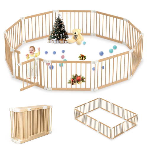TouHeart Wooden Playpen for Baby & Toddlers, Foldable Large Baby Gate Play Yards, 10 Panels, 102.9"x68.6"x24"