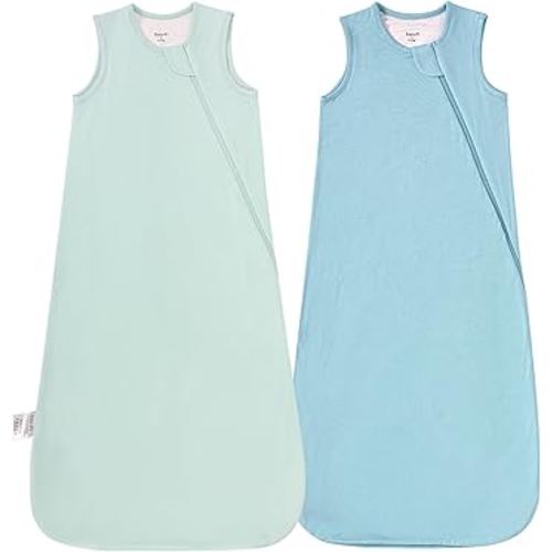 Supersoft Rayon Made from Bamboo Sleep Sack 3-6 Months Newborn Sleep Sack 0-3 Months 0.5 Tog Baby Wearable Blanket with 2-Way Zipper Summer Unisex Sleeping Bag for Babies (2 Pack) Green & Blue