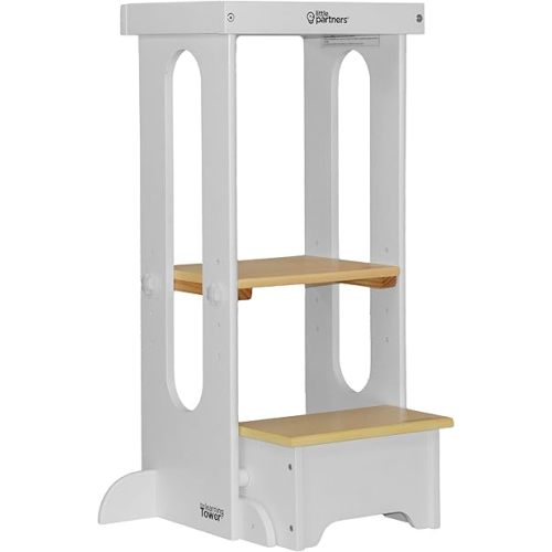 Little Partners Learning Tower Toddler Tower Foldable Step, Explore 'N Store Folding Toddler Tower Montessori Kitchen Tower for Cooking, 22.28" L x 19.56" W x 33.50" H, Ages 2 to 6 (White w/Natural)