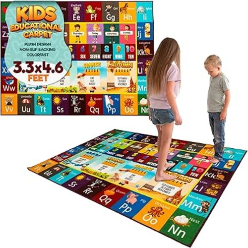 Educational Rug – Non-Slip ABC Carpet for Kids Room – 55" x 39" Soft Alphabet Kids Rug for Playroom, Daycare, Preschool, Classroom, Play Mat – Childrens ABC Mat with Letters Numbers Animals Months