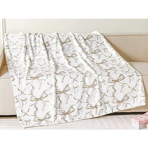Buryeah Bow Throw Blanket Coquette Flannel Soft Blanket Preppy Decor Cute Bow Stuff Lightweight Aesthetic Plush Preppy Room Decor for Sofa Couch Travel Bed, 50" x 60"(Beige)
