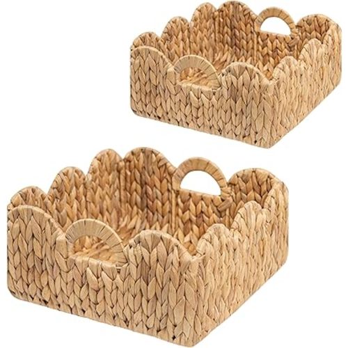 Set of 2 Scalloped Basket | Hand Woven Scallop Basket | Scalloped Wicker Basket with Handles | Scalloped Edge Basket Shelf Decorative | Natural Water Hyacinth scalloped baskets for Organizing