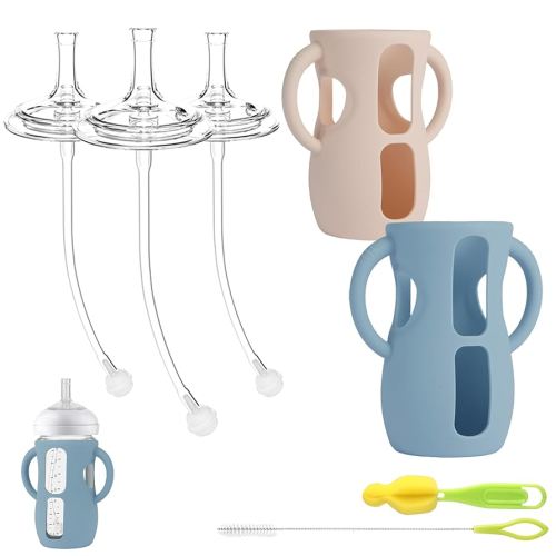 Straw Cup Conversion Kit with Silicone Sleeves for Avent Natural Glass Baby Bottle 8oz, Toddler Sippy Cups Transition Kit w Anti Breakage Bottle Holder Compatible with Philips Natural Baby Bottles 8oz