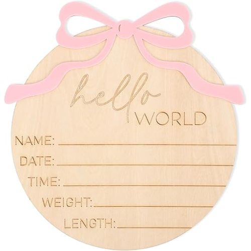 Hello World Bow Wooden Baby Announcement Sign - Baby Girl Birth Announcement,Personalized Baby Name Sign,Bow Birth Stats Sign Newborn Photo Prop,Welcome To The World Sign