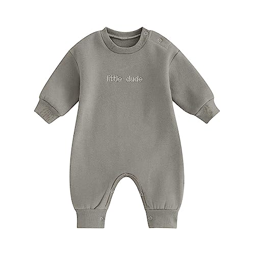 Newborn Baby Boy Fall Outfit Romper Little Dude Embroidery Long Sleeve Onesie Jumpsuit Bodysuit Infant Winter Clothes