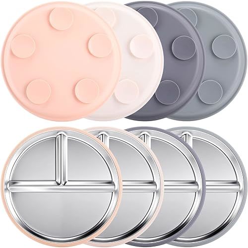 Honeydak 4 Pcs Stainless Steel Baby Plate with Silicone Suction, 9" Divided Toddler Plates with Removable Silicone Sleeves for Kids, Non-toxic Non-slip Unbreakable Dishwasher Safe Dinnerware (Pastel)