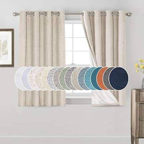 PrinceDeco Primitive Textured Linen 100% Blackout Curtains for Bedroom/Living Room Energy Saving Window Treatment Curtain Drapes, Burlap Fabric with White Thermal Insulated Liner (52 x 54in, Natural)