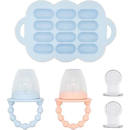 WeeSprout Silicone Baby Food Feeders + Freezer Tray for Batch Prep, Set of 2, Introduce New Foods Safely, Double as Teething Toys, Includes 2 Extra Pouches & Travel Lids, Dishwasher Safe