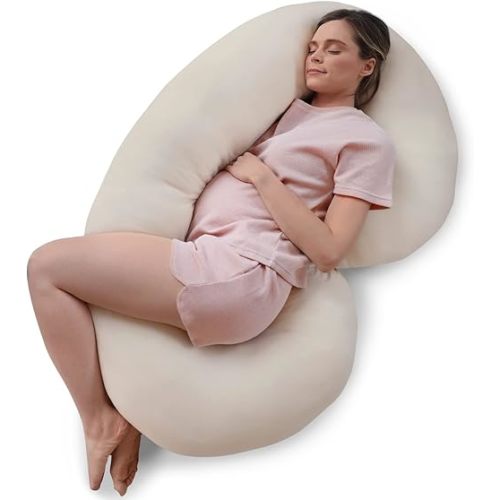Pharmedoc Pregnancy Pillows, C-Shape Full Body Pillow – Jersey Cover Beige – Pregnancy Pillows for Sleeping – Body Pillows for Adults, Maternity Pillow and Pregnancy Must Haves, New Mom Gifts