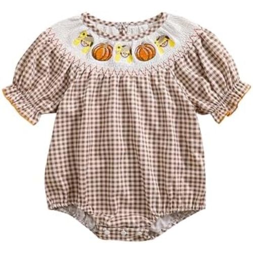 Newborn Baby Girl Smocked Pumpkin Outfit Infant Plaid Bubble Romper Embroidery Halloween Thanksgiving Fall Clothes