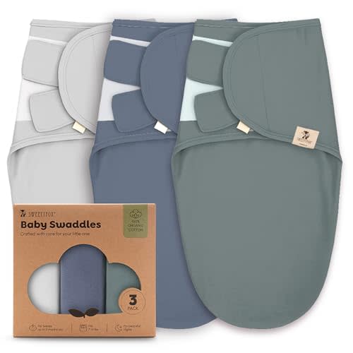 Sweety Fox 3-Pack Organic Baby Swaddle Sleep Sacks - Swaddles for Newborns,Infant 0-3 Months,Baby Girls, Boys, Soft & Snug Newborn Sleep Sack, Nursery Swaddling Blankets, Velcro Closure (Grey Nomadic)