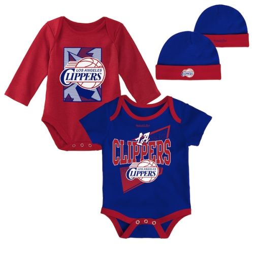 Newborn & Infant LA Clippers Mitchell & Ness Royal/Red 3-Piece Hardwood Classics Bodysuits & Cuffed Knit Hat Set