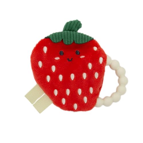 Pearhead Crinkle Plush Baby Teether, Adorable Strawberry Sensory Toy with BPA-Free Silicone Beaded Ring, Gentle Sound and Soft Fabric for Teething Pain Relief, Infant Rattle for Newborns 0+ Months