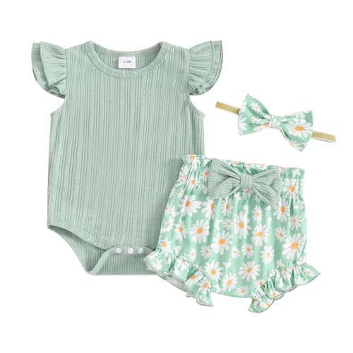 Hnyenmcko Newborn Baby Girl Clothes Daisy Print Fly Sleeve Romper Ruffle Bloomer Shorts Headband Set Infant Summer Outfits