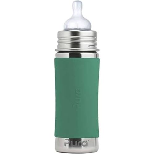 Pura Kiki 11oz/325ml Stainless Steel Infant Bottle w/Sleeve, Anti-Colic, Medical-Grade Silicone, Medium-Flow Nipple, for Babies 3 Months & Up - Mint