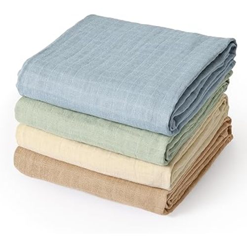 david's kids 4 Pack Baby Muslin Swaddle Blankets 47" x 47", 100% Cotton Swaddle Wrap for Boys Girls, Ultra Soft Breathable Receiving Blanket for Newborns, Dusty Blue & Sage Green & White Cap & Sepia