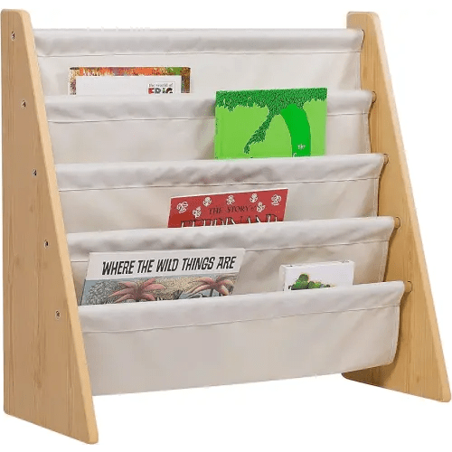 Wildkin Kids Premium Canvas Sling Bookshelf for Boys & Girls, Wooden Design Features Four Fabric Shelves, Keep Bedrooms, Playrooms, & Classrooms Organized, Measures 25 x 24 x 11 Inches -Natural w/Tan