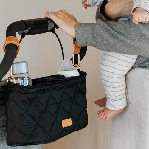 Stroller Caddy Organizer With 2 Cup Holders – Luxury Stroller Bag, Universal Fit, Leather Straps & Zipper Pocket – Spacious Accessories Perfectly Fits Doona, Nuna & Uppababy Strollers