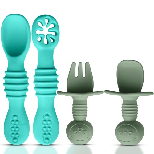 HippoBaby 4pc Silicone Self feeding baby utensils 6-12 months, 3 baby spoon, 1 baby fork, Toddler Utensils, Baby eating essentials (Blue/Green)