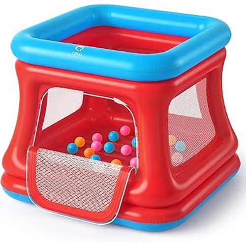 QPAU 3-in-1 Inflatable Bounce House for Toddlers 1-3, Ball Pit & Trampoline, Inflatable Bouncy House with Safety Net, Indoor & Outdoor Bubble Bouncer (Blue & Red)