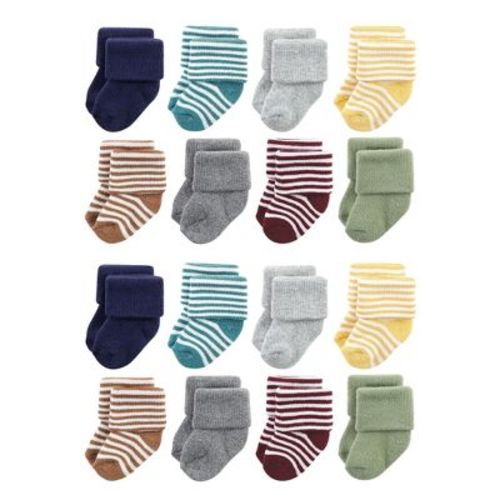 Hudson Baby Cotton Rich Baby Terry Socks 16-Pack, Dark Earth Tone Stripes, 6-12 Months
