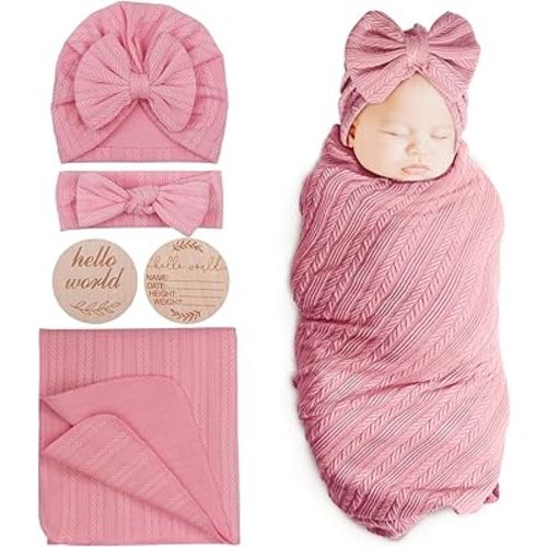 BQUBO Baby Swaddle Blankets for Girls, 4PCS Newborn Accessories Set with Hat and Bow Headband with Hello World Wooden Birth Announcement Card, Baby Blankets for Girls