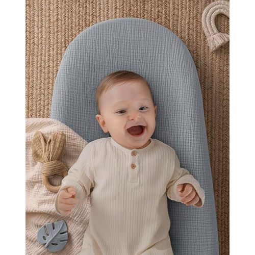 Blissful Diary Muslin Baby Changing Pad with Waterproof Lining Foam, Diaper Changing Table Pad with Cover for Dressers (Gray, Avocado)