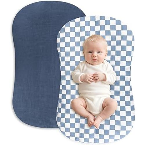 Hooyax Muslin Baby Lounger Cover 2 Pack - 100% Breathable Cotton Soft Infant Lounger Covers, Fits Most Standard Newborn Loungers & Pillows (Blue Checker + Navy)