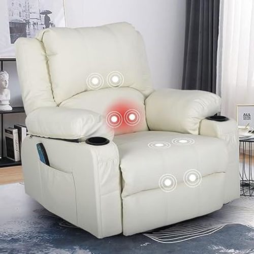 KCREAM Massage Recliner Chairs for Living Room,Rocker Recliner with Heating Ergonomic Lounge Swivel Reclining Chairs Glider Manual Recliner Chairs with Side Pockets for Adults,Beige/Cream White