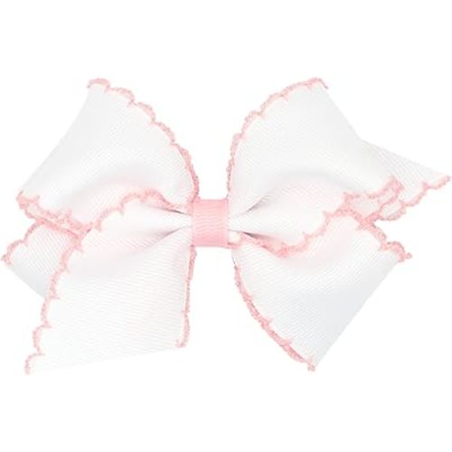 Wee Ones Girls' Grosgrain Hair Bow with Contrasting Moonstitch Edge and Wrap on a WeeStay Hair Clip, Small, White with Light Pink