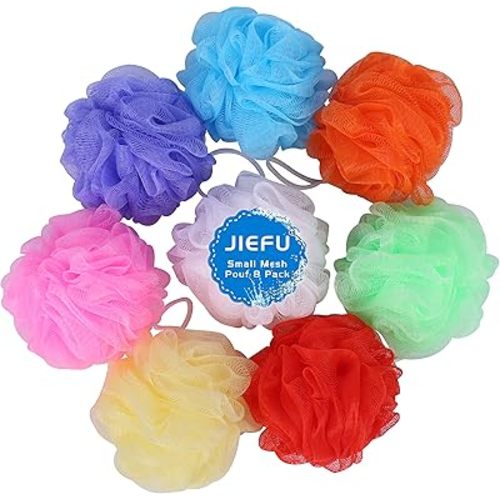 Bath Sponges, Small Size Colorful Shower Sponges Exfoliating Mesh Pouf Bath Ball Body Scrubber for Kids Pack of 8