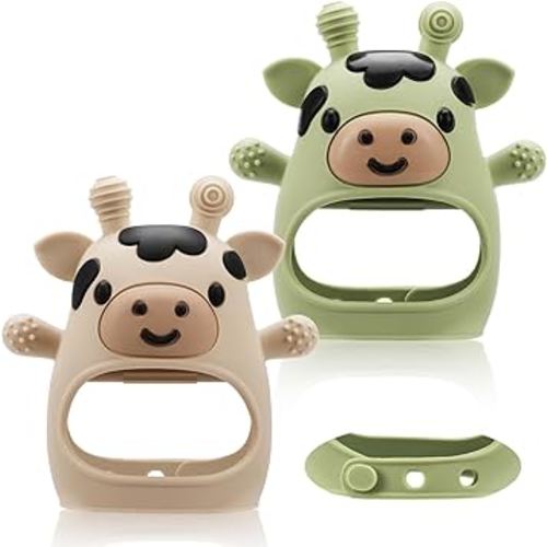 TOHIBEE 2 Packs Baby Teething Toys for 0-6 6-12 Months, Food Grade Silicone Adjustable Cow Teething Mitten, Chew Teether Toys for Teething Pain Relief, Baby and New Born Essentials, Green & Beige