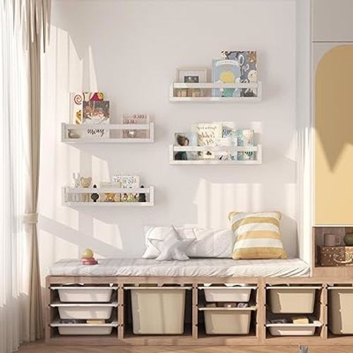 Set of 4 Wall-Mounted Kid's Bookshelf - White Floating Nursery Book Shelves - Durable Wood Construction - Ideal for Nursery Decor, Kids Room, Toy Storage